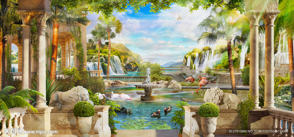 3D欧式热带雨林植物火烈鸟