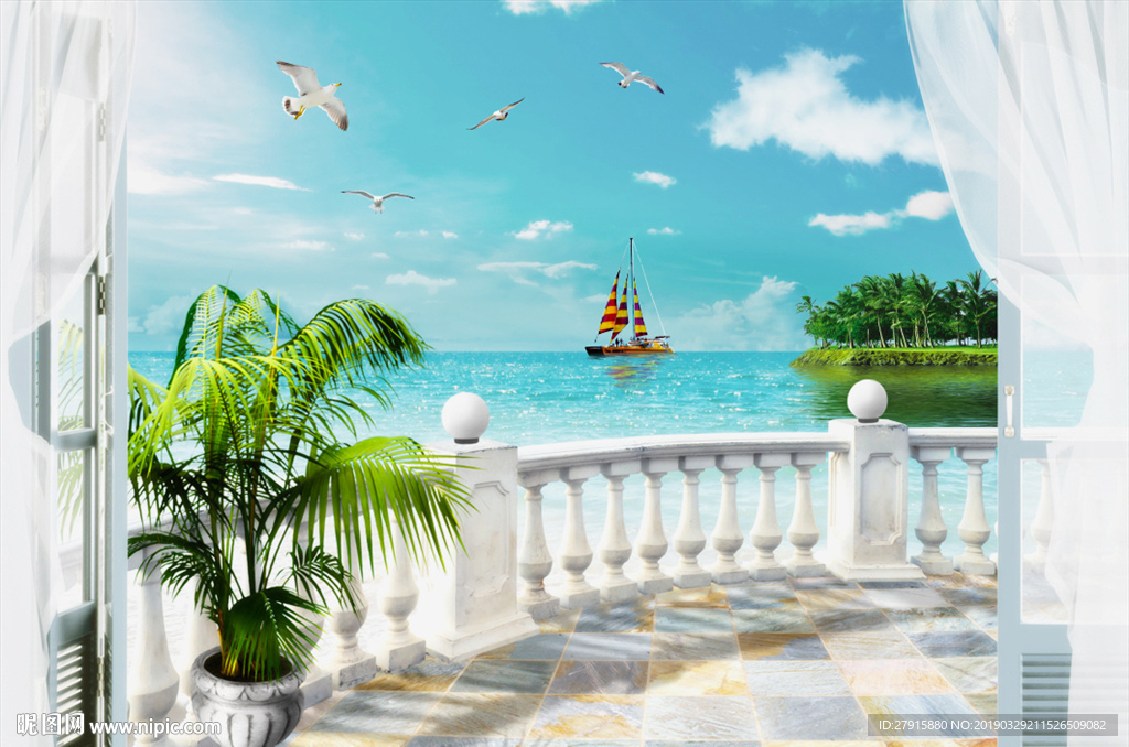 3D窗外大海椰树海鸥背景墙