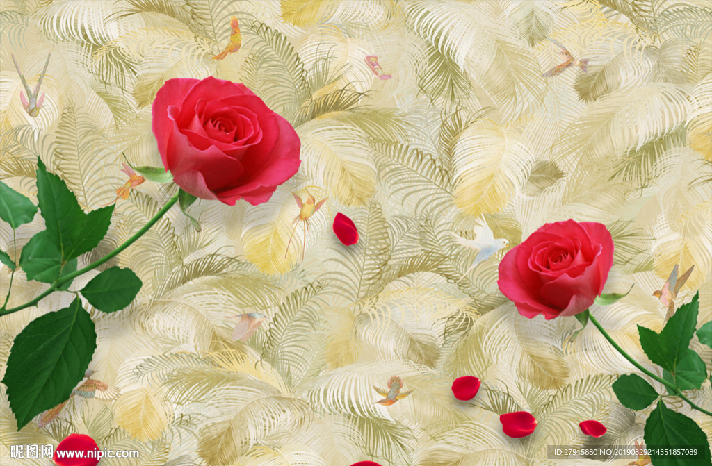 抽象花鸟玫瑰电视背景墙