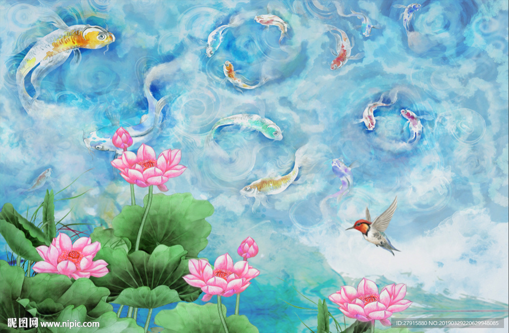 中式抽象山水荷花鱼背景墙