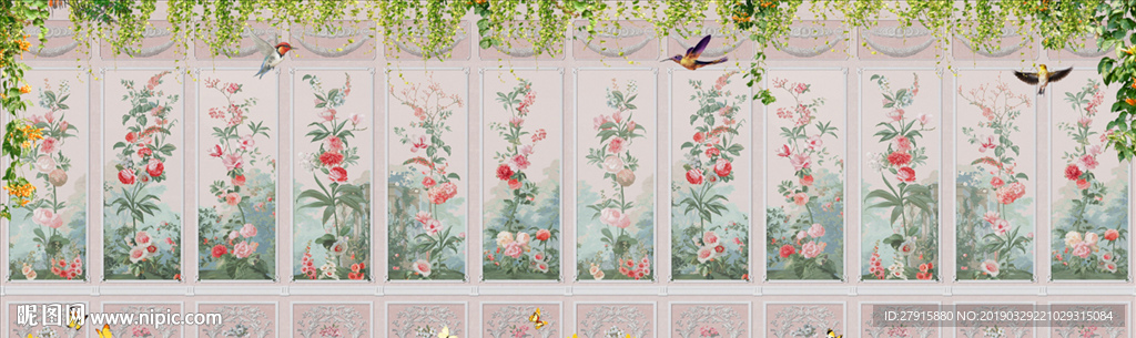 间断屏风无限拼接花鸟背景墙