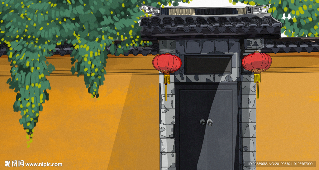 手绘 插画 中国风 复古 园林