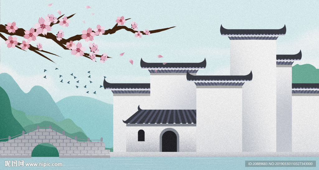 手绘 插画 中国风 复古 园林