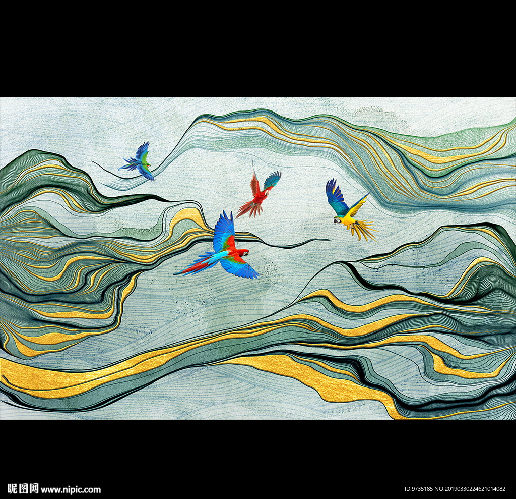 抽象曲线飞鸟河流风景背景墙