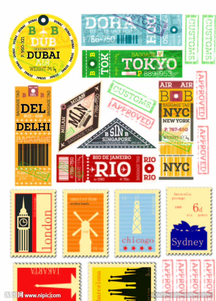 手帐、贴纸’、邮票、复古元素