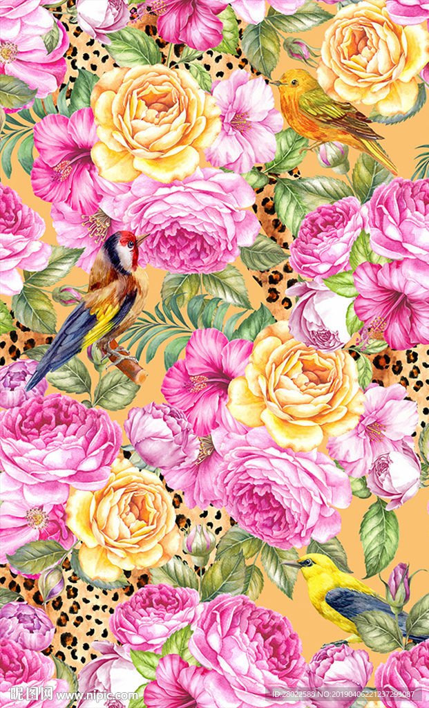 手绘花卉花鸟图案豹纹底纹素材