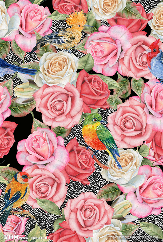 手绘花鸟服装印花底纹图案素材