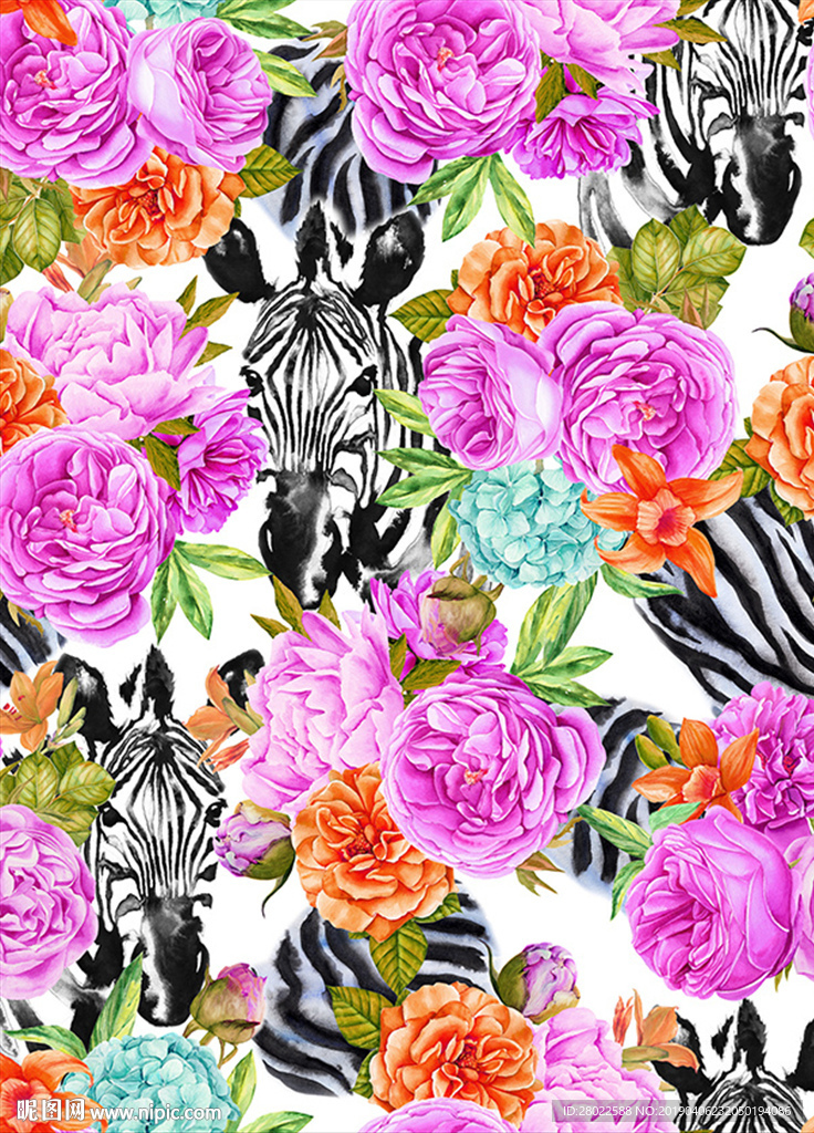 手绘花卉斑马底纹服装印花素材