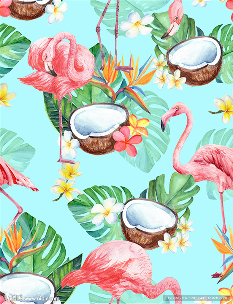 手绘热带植物花鸟火烈鸟图案