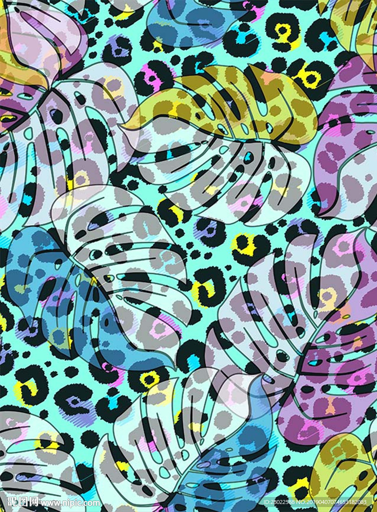 手绘彩色豹纹植物叶子图案素材