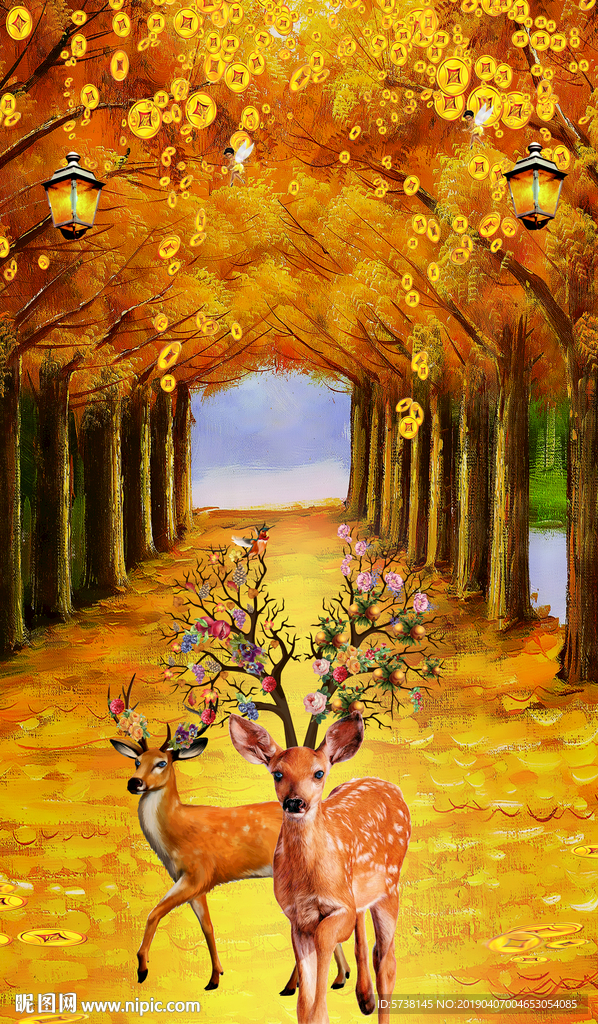 黄金富贵麋鹿树玄关屏风电视背景