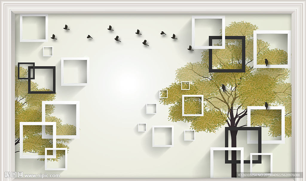 简约小树框框小鸟电视背景墙