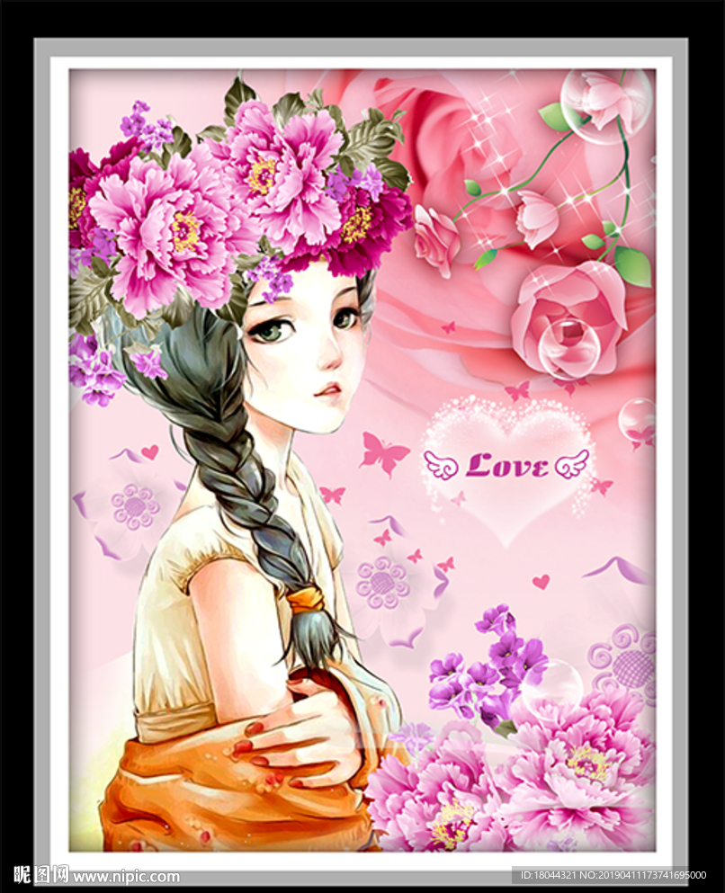 卡通手绘美女头饰花朵装饰画