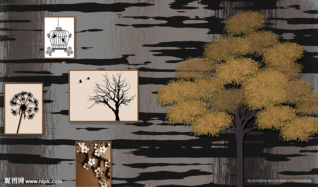 简约无框画小树电视背景墙