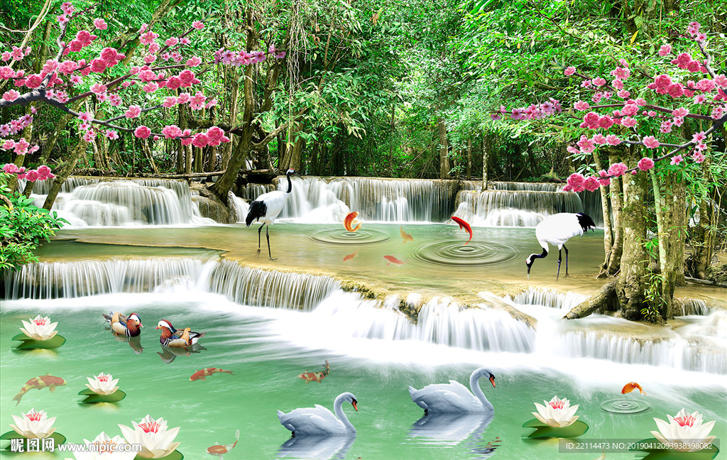 唯美夏日热带雨林流水瀑布背景墙