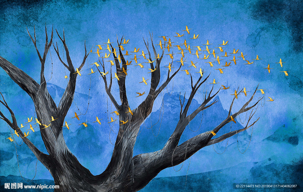 北欧复古简约意境手绘枯树林飞鸟