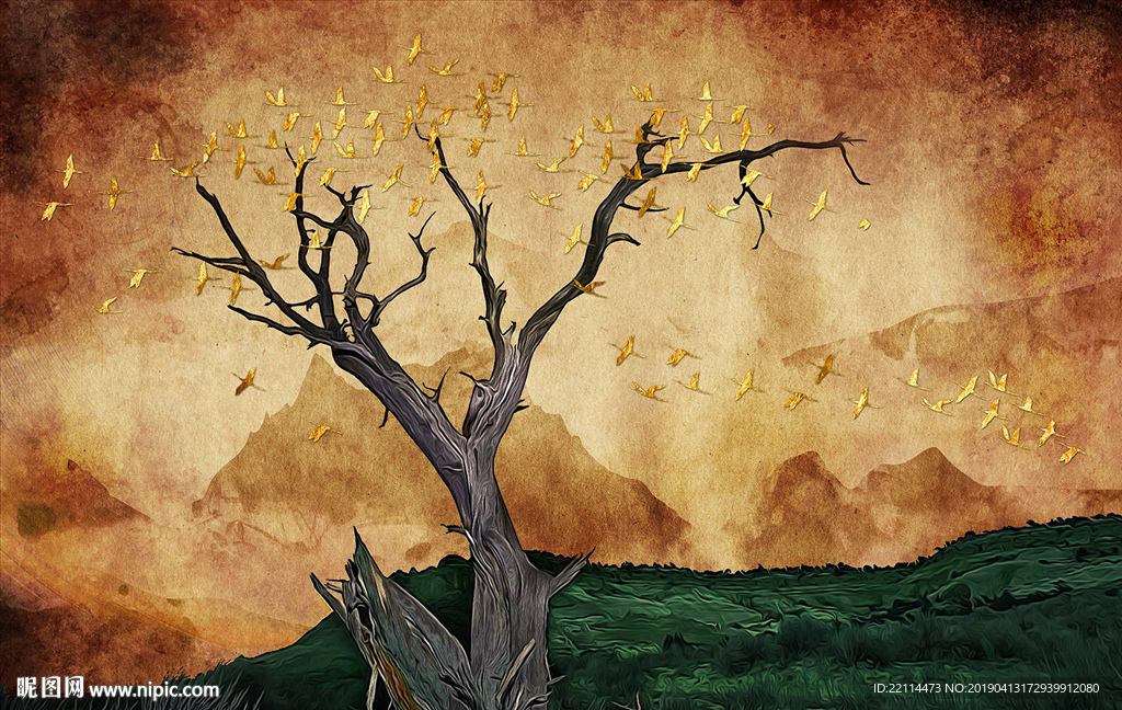 北欧复古简约意境手绘枯树林风景