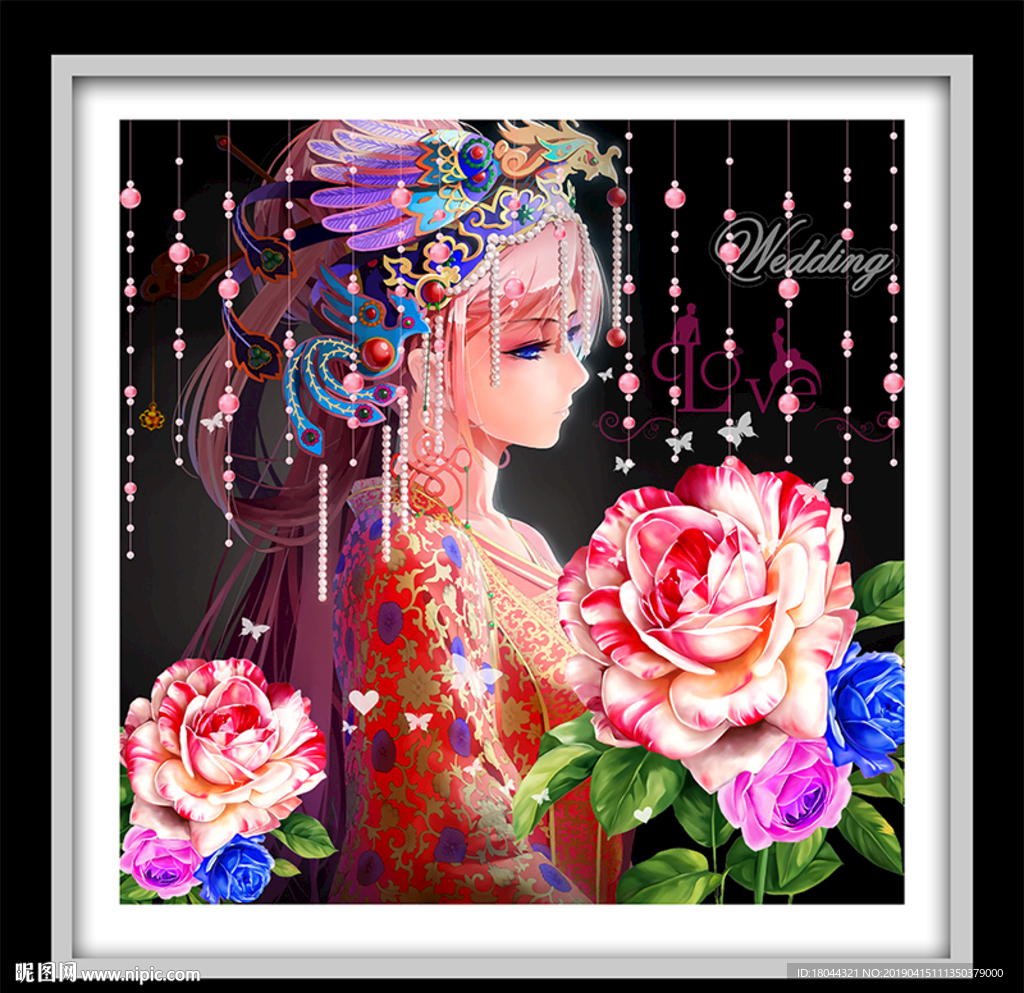 珠帘美女新娘玫瑰花装饰画