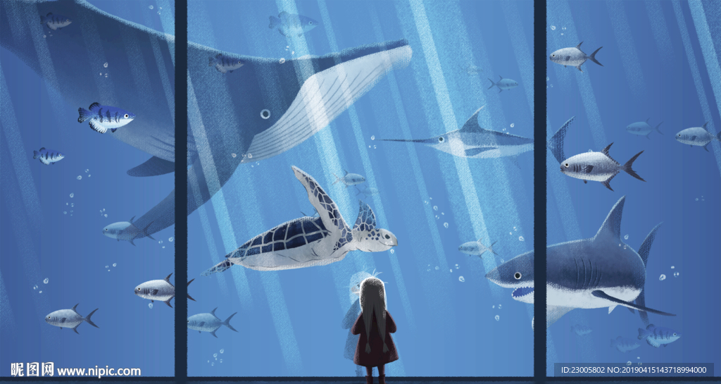 原创蓝色海底治愈系手绘插画