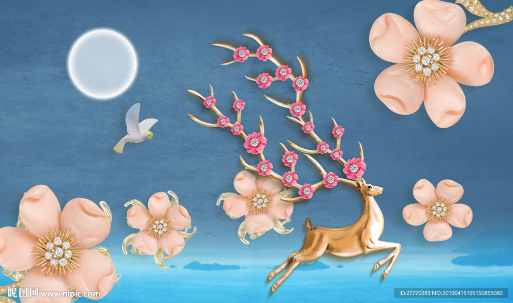 玫瑰花麋鹿浮雕背景墙