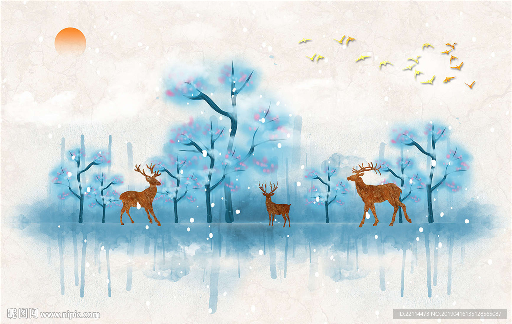 现代轻奢意境蓝色森林麋鹿装饰画