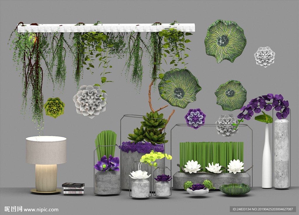 新中式莲花荷叶花瓶墙饰绿植吊篮