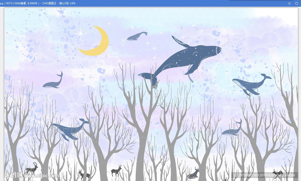 唯美天空鲸鱼手绘壁画背景墙