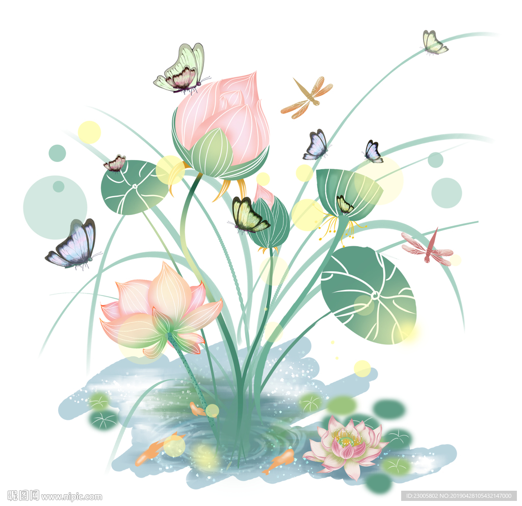 手绘清新夏天荷花蝴蝶
