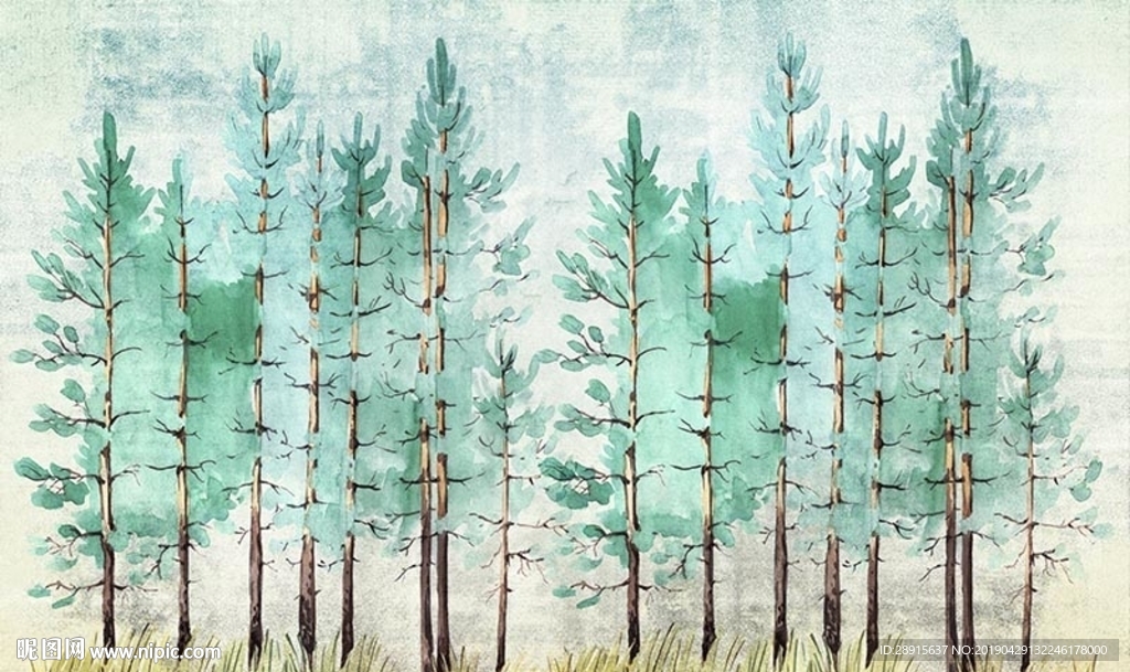 简约绿色树木 水彩画