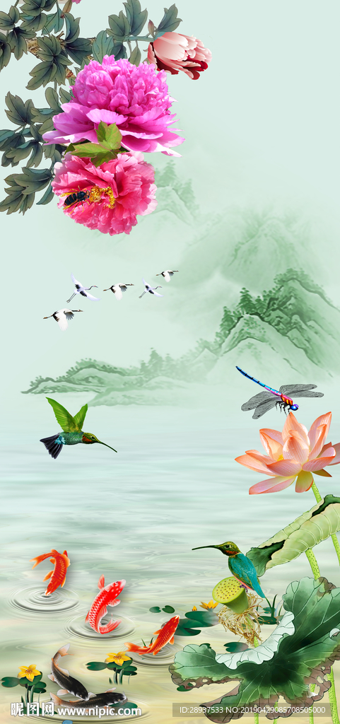 原创玄关荷花牡丹鲤鱼家和富贵