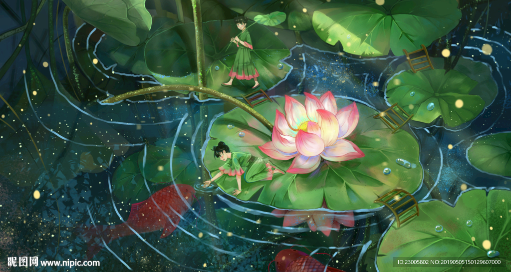 手绘夏夜唯美荷花治愈系插画