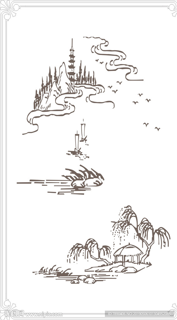 中式风格青山绿水花边花纹