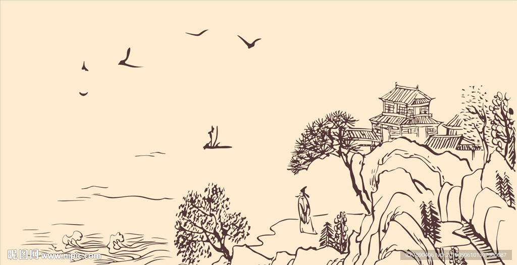 中式风格-青山绿水李白杜甫观沧