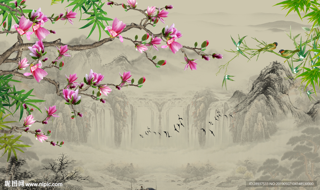 原创玉兰竹子山水风景画背景墙