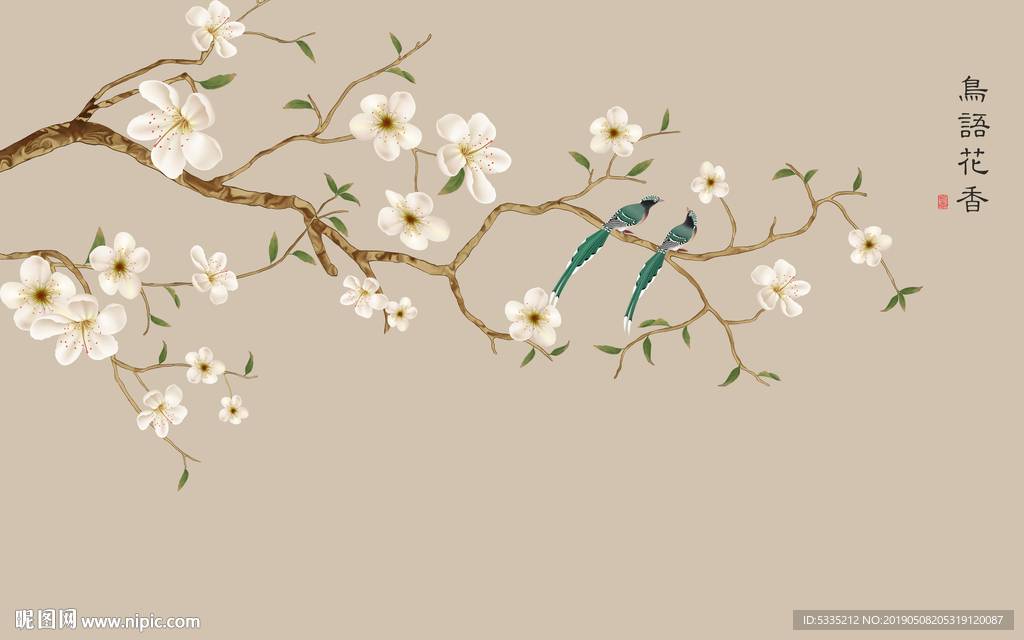 手绘工笔花鸟玉兰花手绘壁画