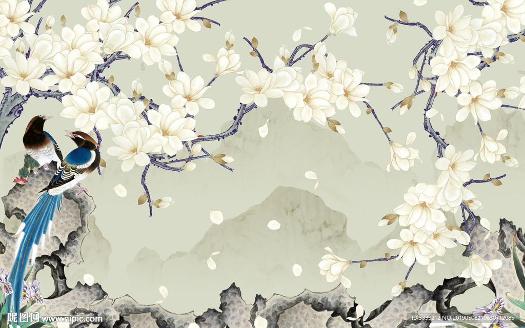 新中式手绘玉兰花鸟背景墙