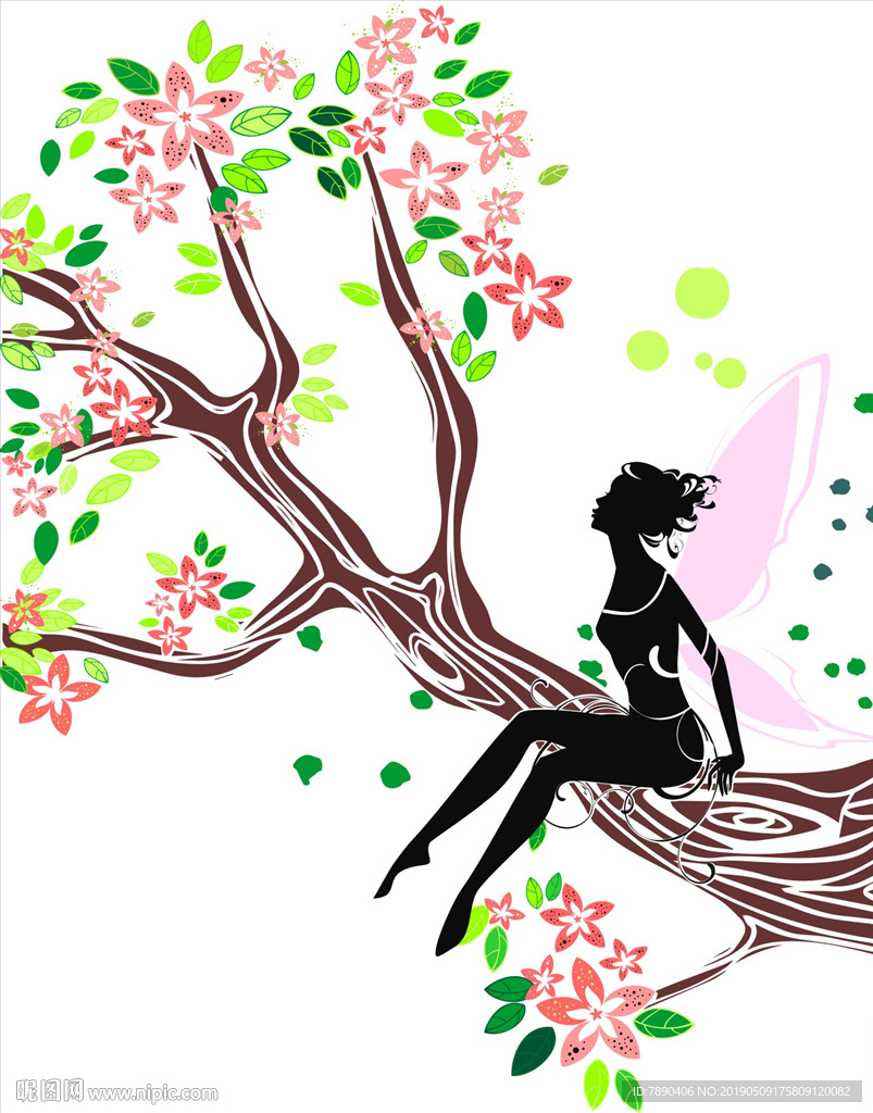 硅藻泥带着翅膀的女孩花绿叶观望