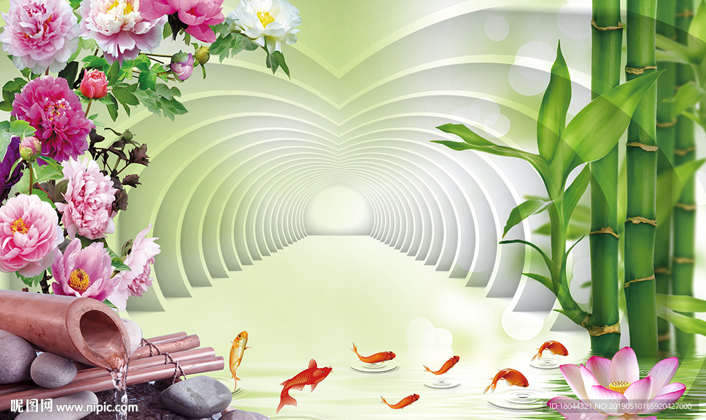 牡丹花竹子九鱼通道电视背景墙