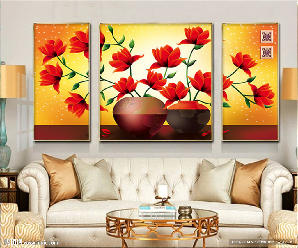 客厅三联玉兰花花瓶无框画