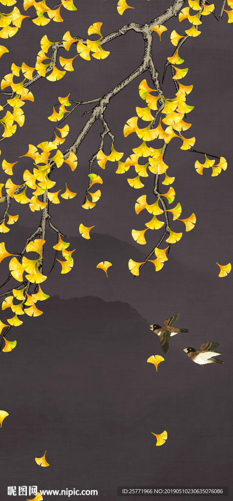 银杏花鸟装饰画