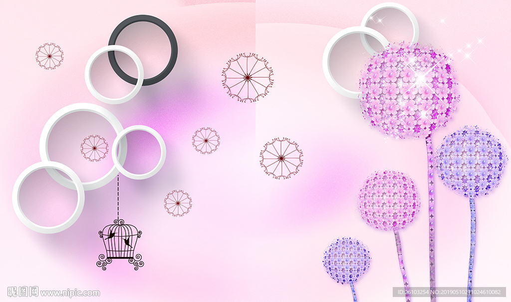 梦幻花卉简约圈圈鸟笼电视背景墙