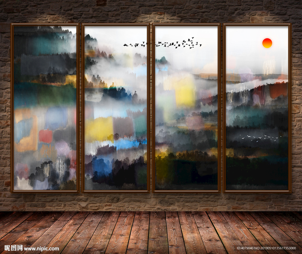 新中式云雾松林水墨山水背景墙