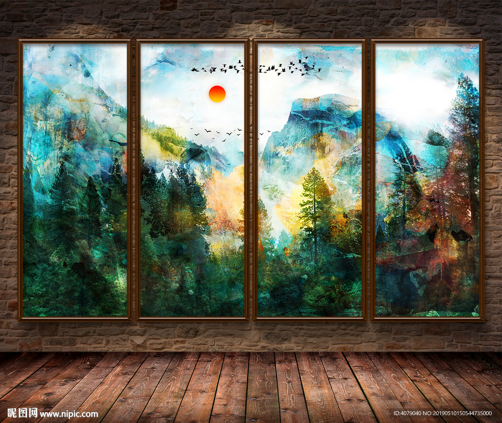 新中式云雾松林远山电视背景墙