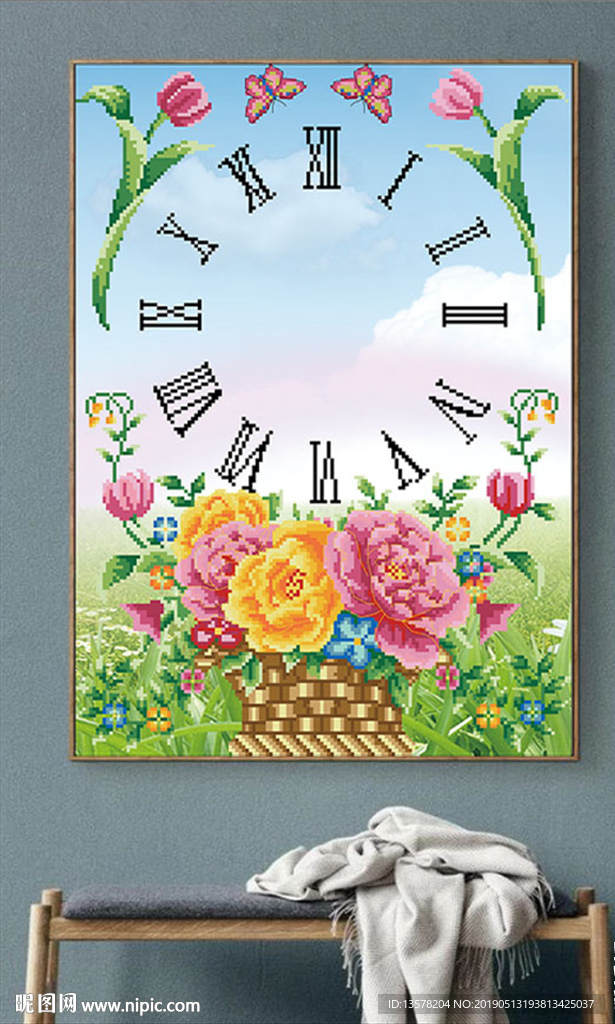 花篮钟表玫瑰情缘无框画装饰画