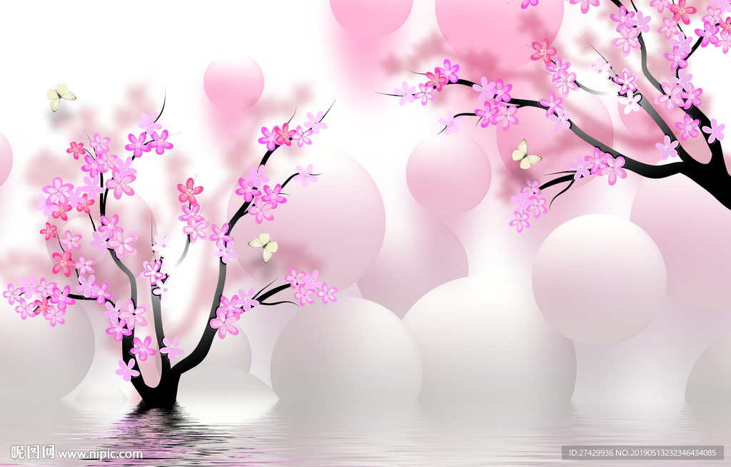 樱花树圆球背景立体背景墙壁画
