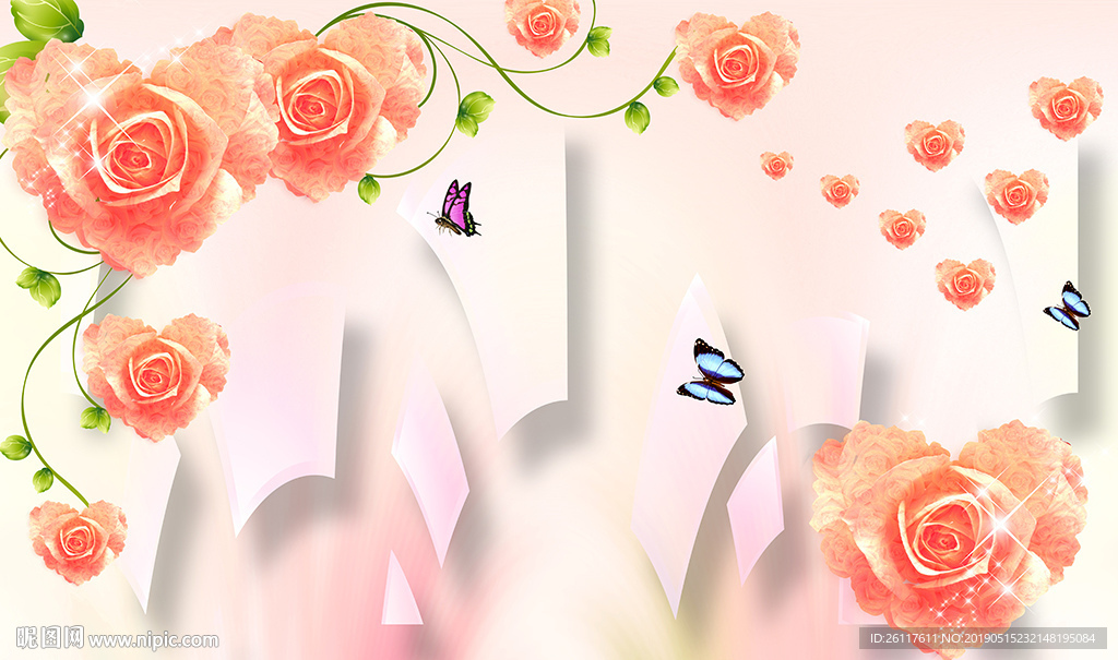 现代心形花卉蝴蝶电视背景墙