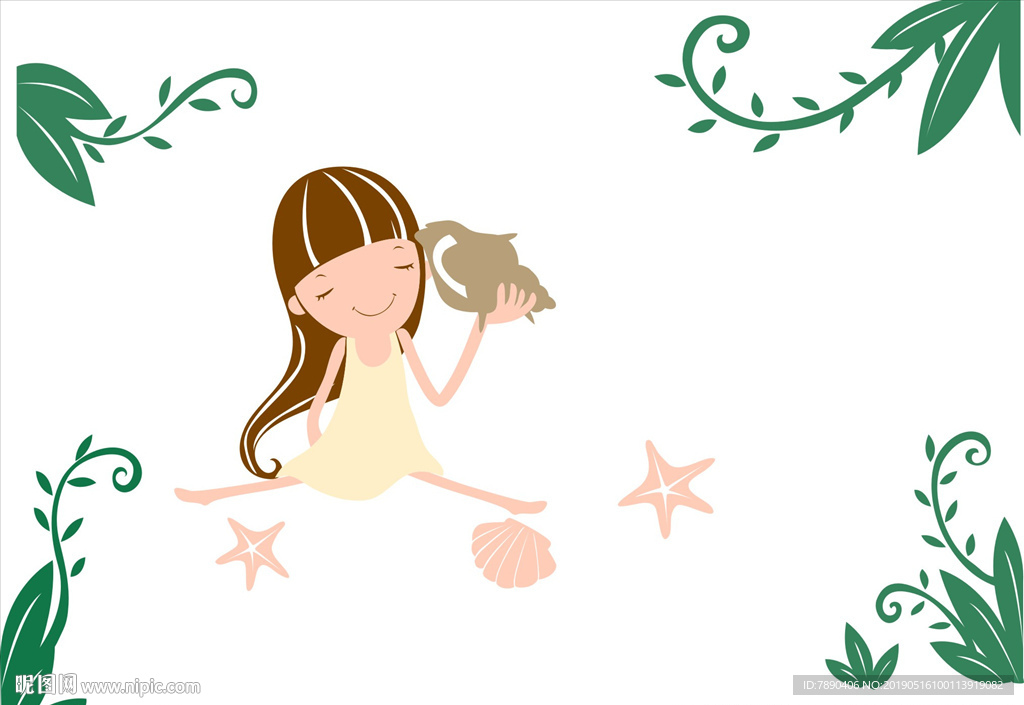 硅藻小女孩海螺贝壳海星花藤小草