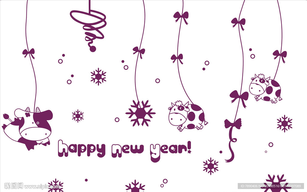 硅藻新年快乐奶牛雪花蝴蝶结花藤