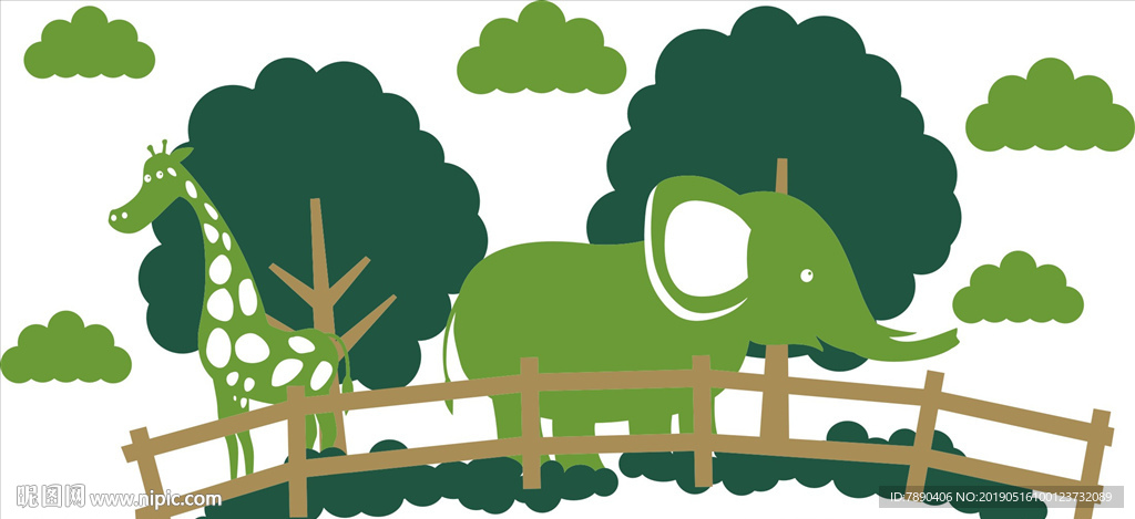 长颈鹿大象草地云朵大树