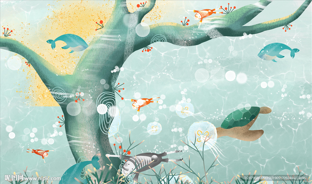 手绘卡通鲸鱼海底动物儿童房壁画